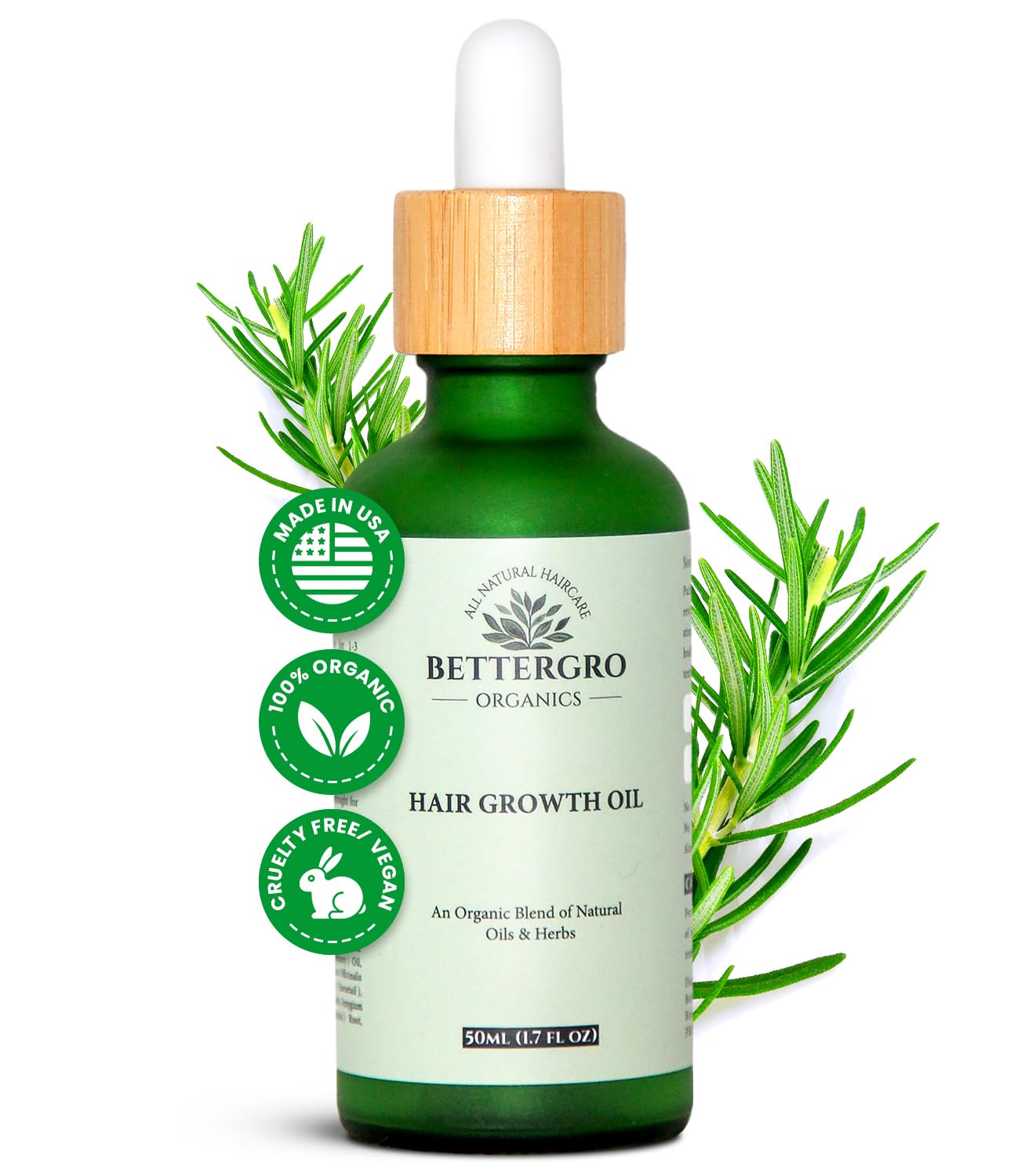 BetterGRO Organic Hair Growth Oil – Herbal & Natural Blend with Rosemary, Black Seed, Amla, Pumpkin Seed & More – Supports Growth, Strengthens Roots, Vegan & Cruelty-Free (1.7 fl oz)