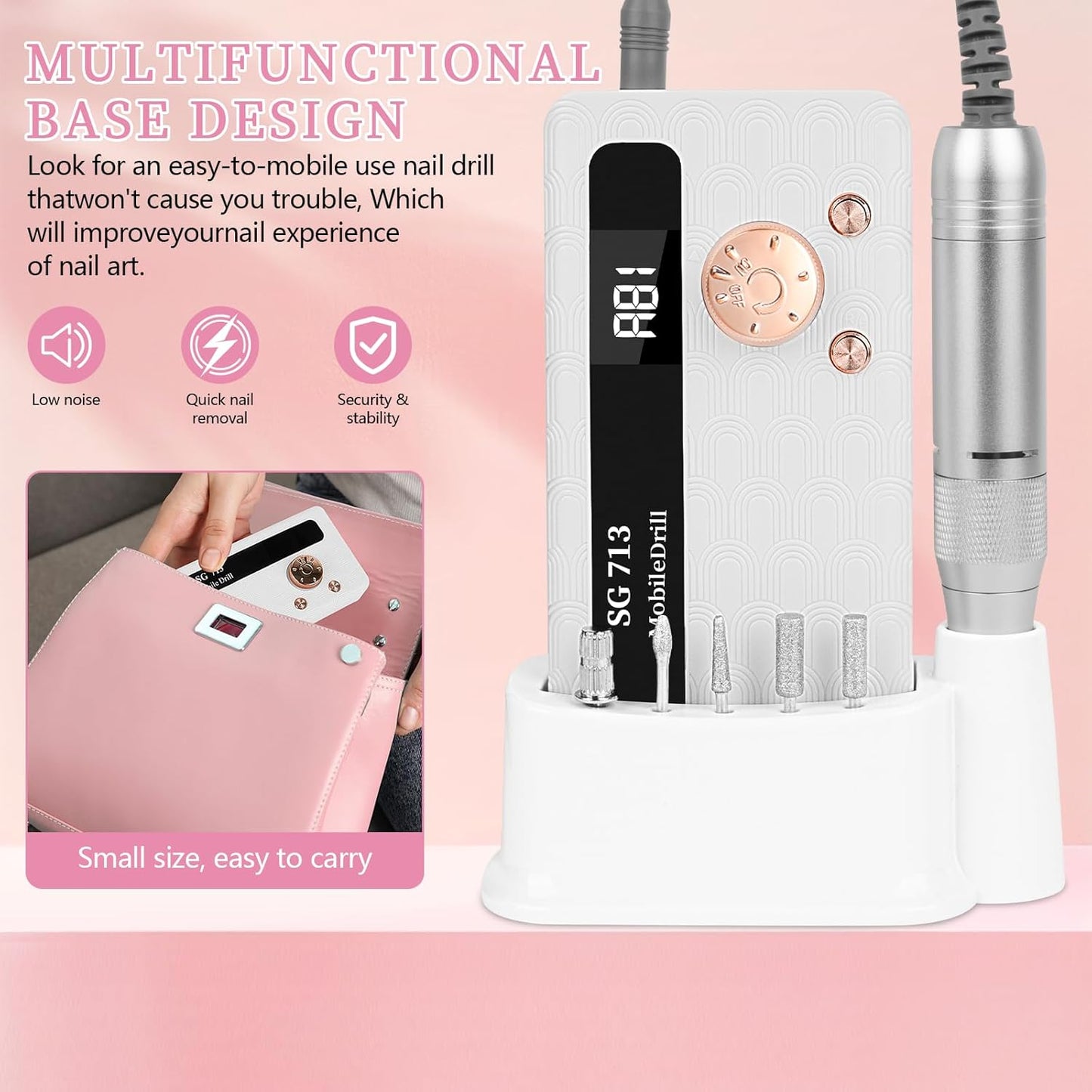 Electric Nail File Professional Kit - 45000RPM Portable Nail Drill Electric File with 11 Bits & Base丨LED Screen丨Ultra-Silent, Rechargeable Nail Drills Machine for Acrylic Nails Gel Polishing (White)