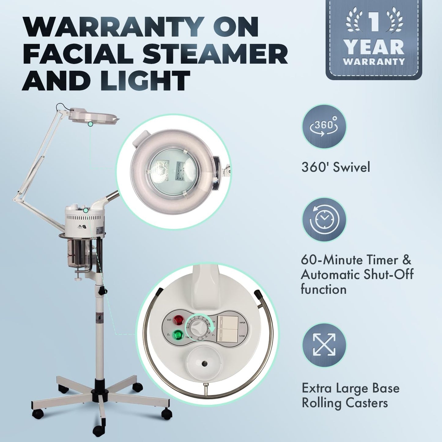 Buy-Rite 2-in-1 Marie Ozone Facial Steamer, 5 Diopter Magnifying Lamp, Fully Adjustable Height, 360' Swivel, Timer and Automatic Shut-Off, Large Star Base with Wheels, MEI-2001A