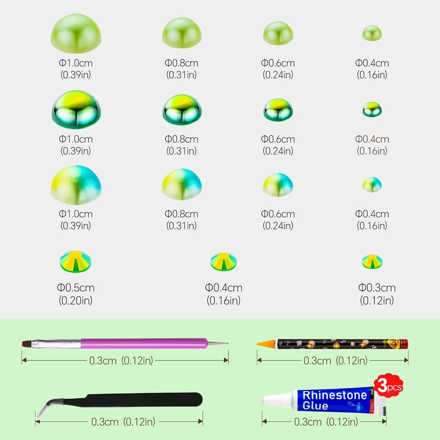 60g Cyan Green Flat Back Pearls Rhinestones for Crafts Mixed Size 3mm-10mm AB Color Round Half Pearls Flatback Pearl Beads and Resin Rhinestones Set for Face Art with Glue