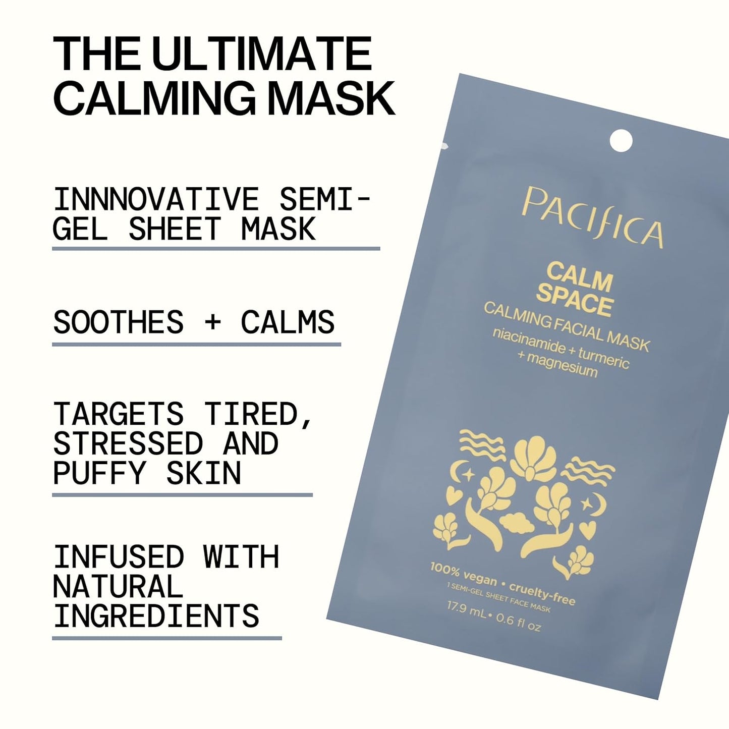 Pacifica Sheet Face Mask - Calm Space - Calming Facial Mask - Niacinamide & Turmeric Soothing Face Mask for Irritated Skin Clean Beauty Vegan & Cruelty-Free Dermatologist Tested