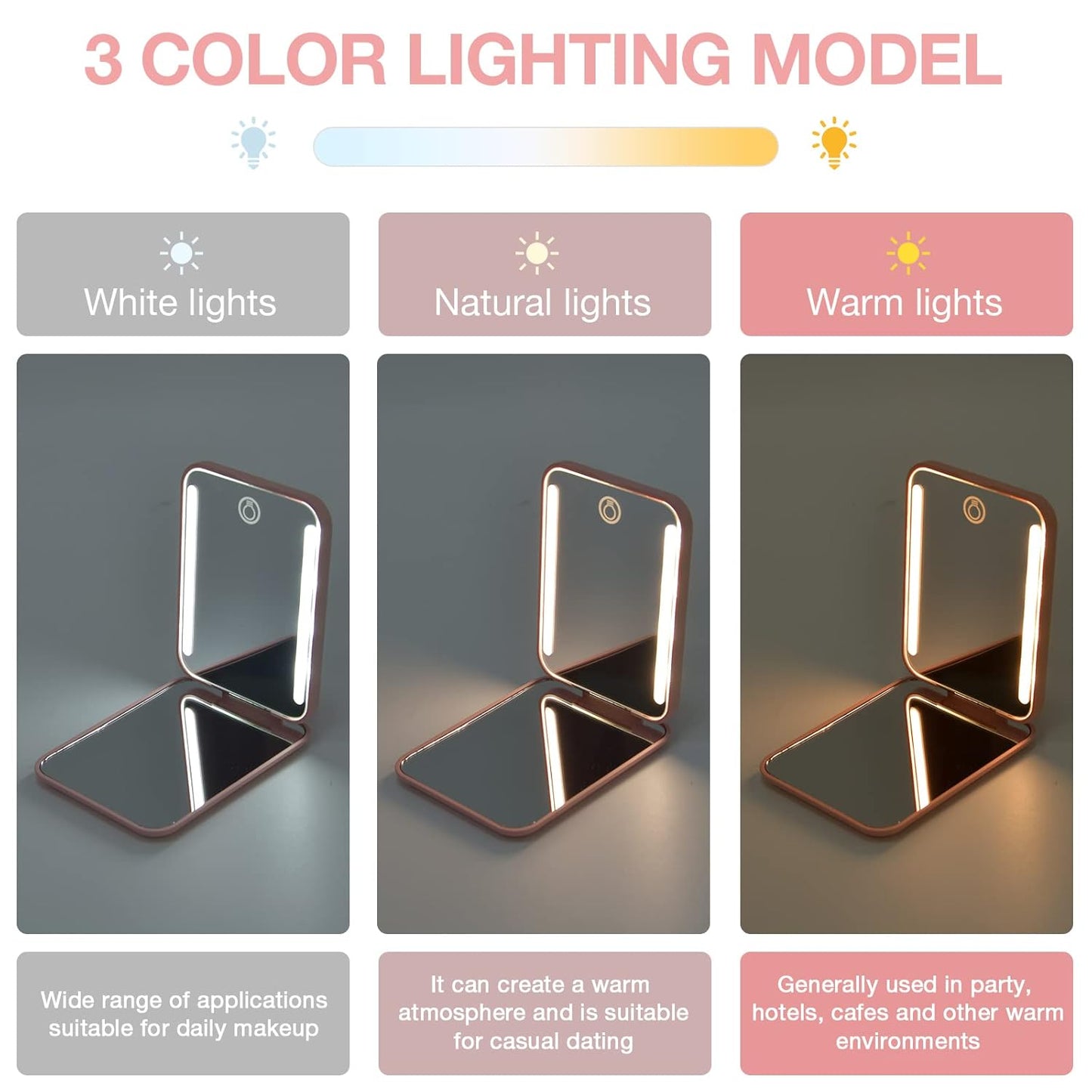 Kintion Rechargeable Pocket Mirror, Double Sided 1X/3X Magnification Compact Vanity Mirror, 3 Color Lights, Dimmable, Small Portable Wallet Mirror, Lighted Travel Mirror for Women Gifts, Pink