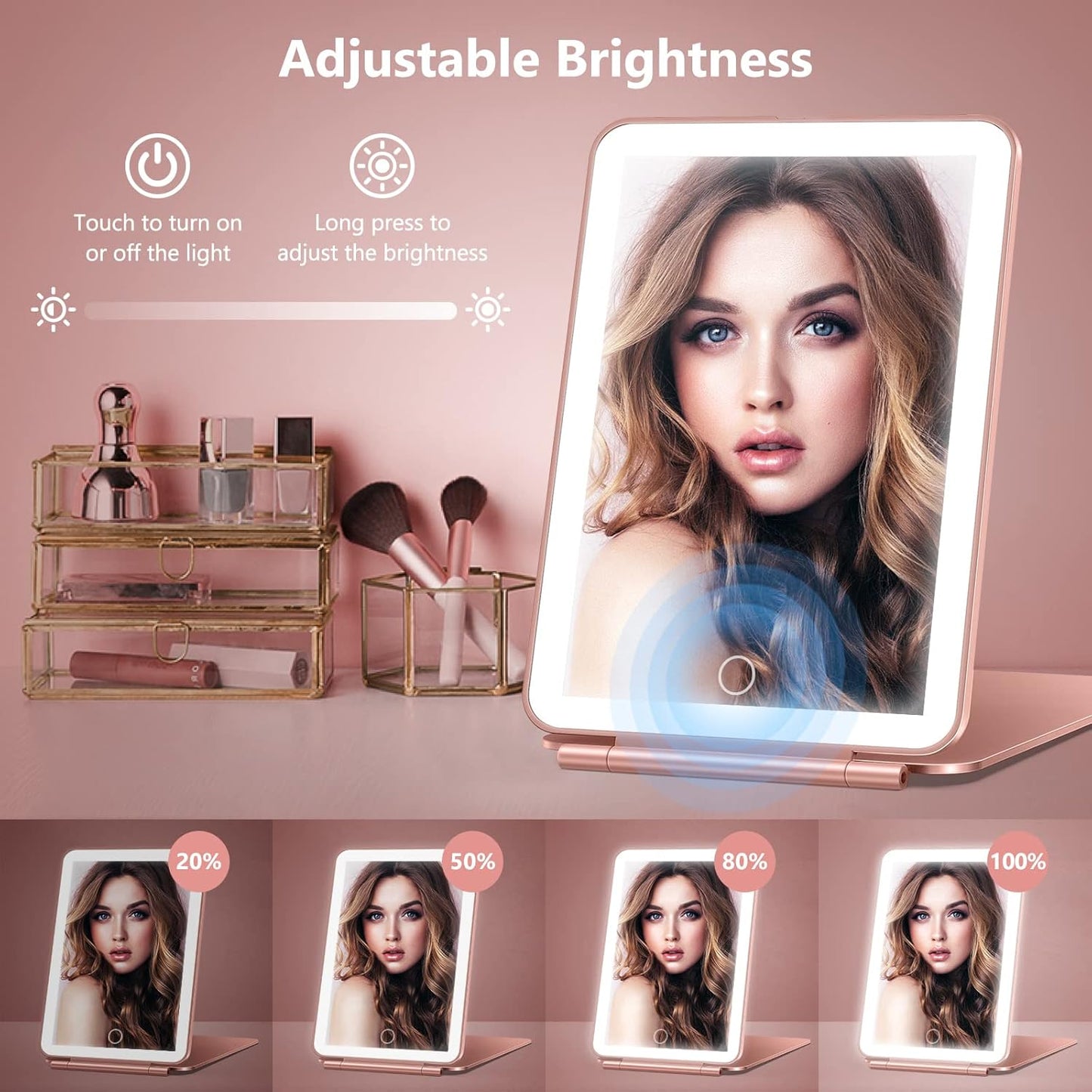 Rechargeable Travel Makeup Mirror, Vanity Mirror with 80LEDs, 3 Color Lighting, 2000mAh Battery, Portable Ultra Slim Lighted Makeup Mirror, Gift for Women (Rose Gold)