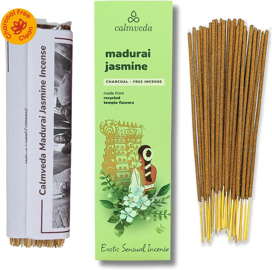 Madurai Jasmine Incense Sticks Exotic - Sensual Aroma (80 Sticks) Charcoal Free Incense, Made from Upcycled Flowers | Rich Decadent from Green, Fruity Yet Creamy Floral | Kama or Love Incense Sticks