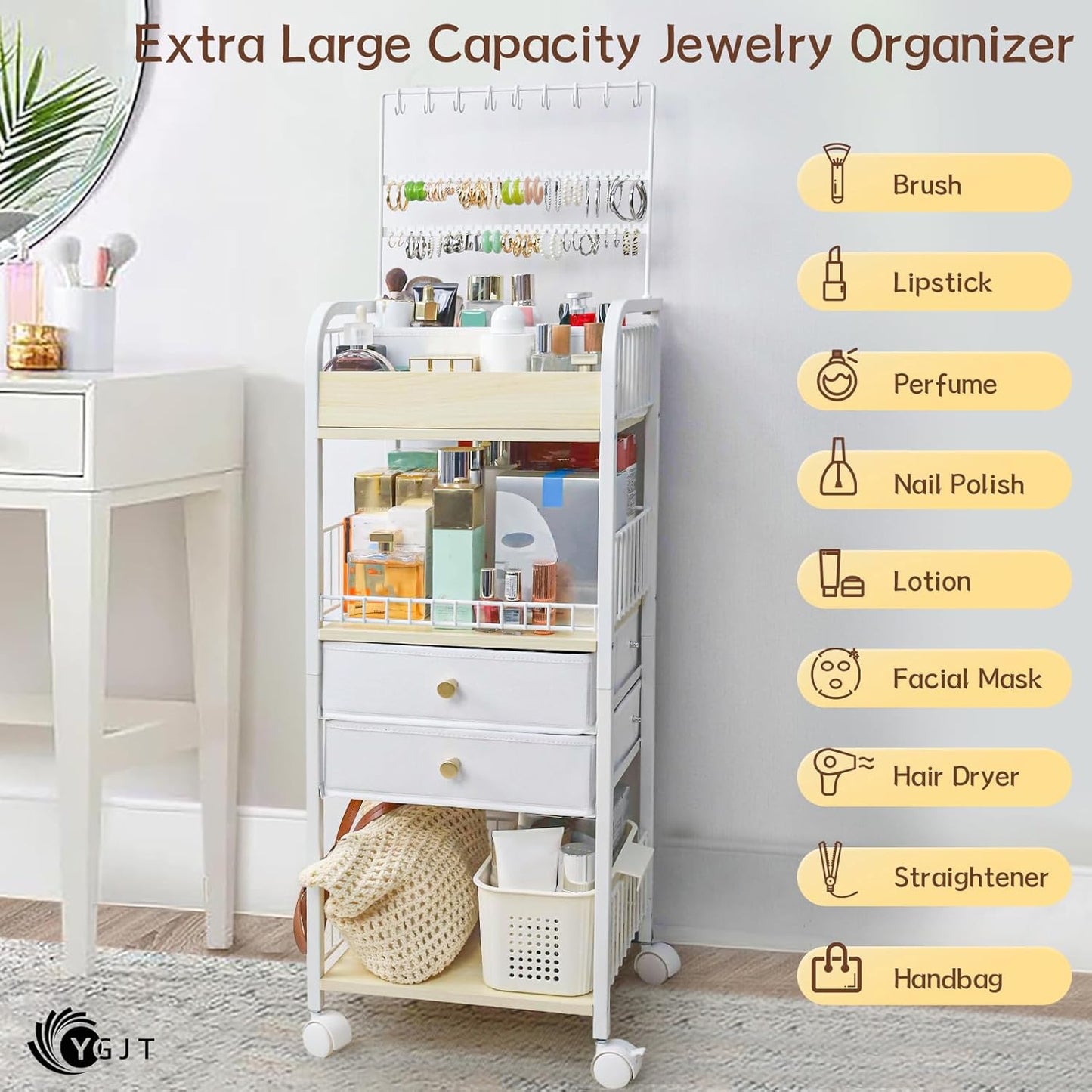 YGJT Makeup Organizer, Floor Skincare Cosmetics Organizer with Drawers, Jewelry Organizers and Storage for Earring Necklace, Vanity Organizer for Skin Care Perfume Makeup Brush Nail Polish Hair Tool