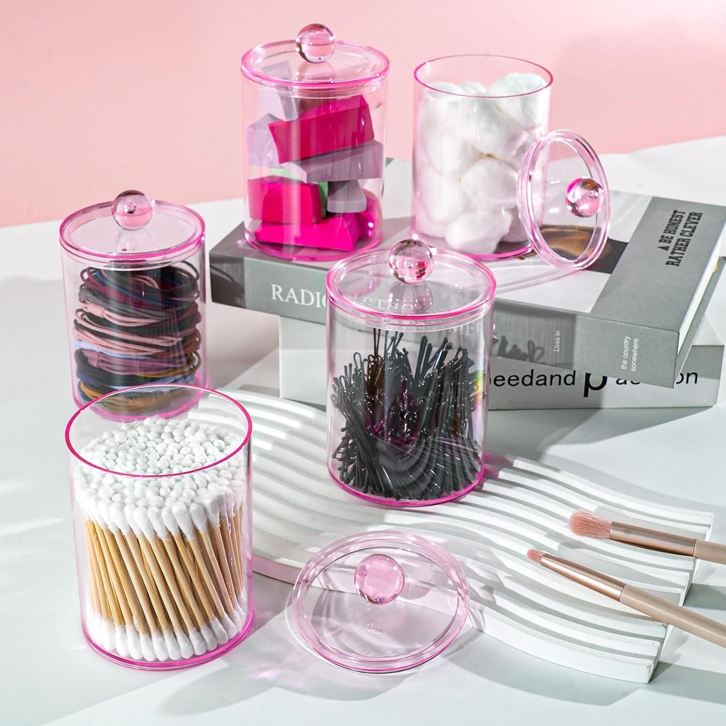 4 Pack Qtip Holder,Canister Apothecary Jar Set, Bathroom Jars with Lids Set for Cotton Swabs, Balls, Pads, Floss Picks,10oz-12oz Plastic Canisters Restroom Bedroom Vanity Organizer(Pink)
