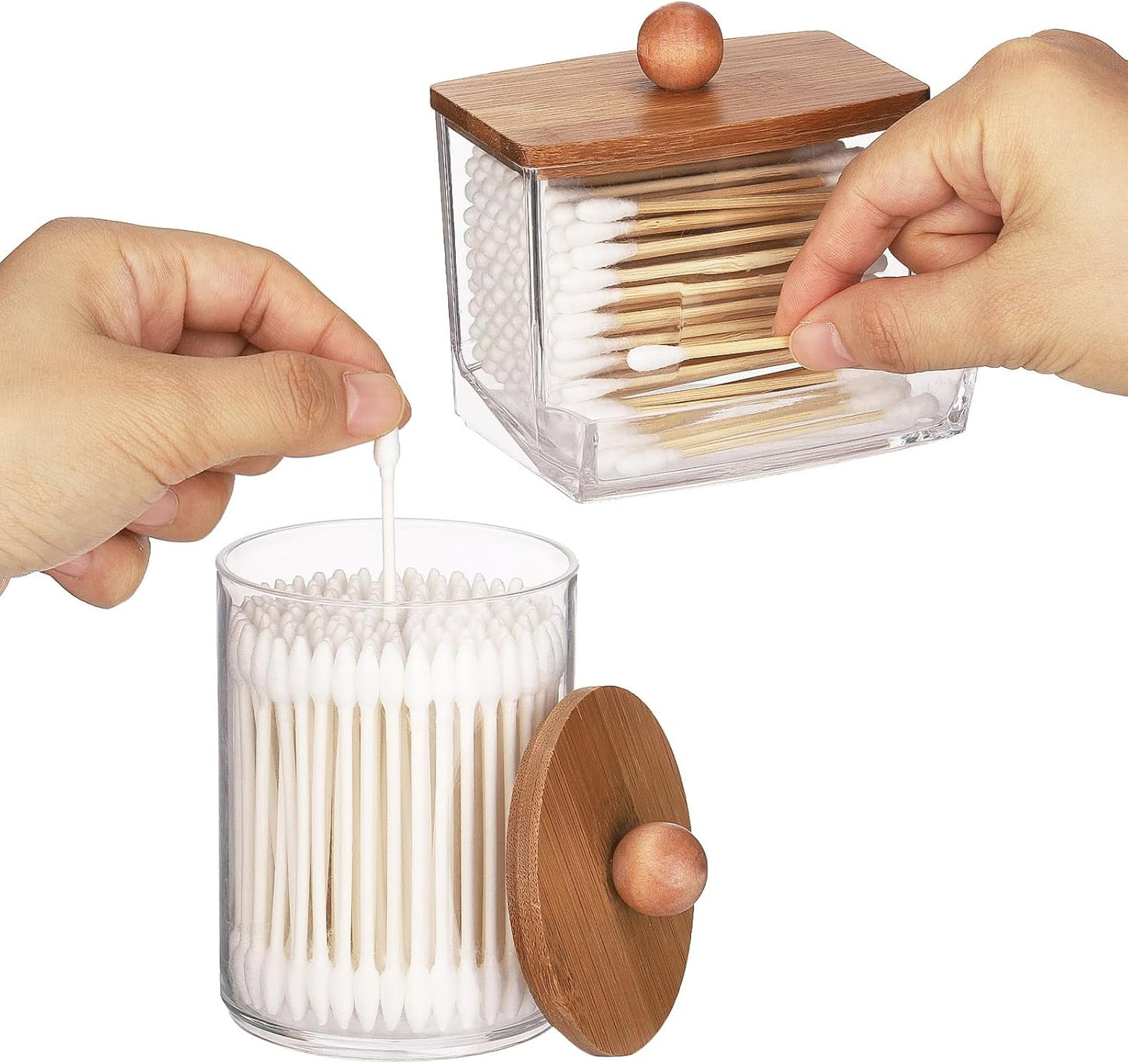 Tbestmax Qtips Holder Dispenser, 10/7 oz Cotton Ball/Swabs Storage Containers, Apothecary Jars for Bathroom Organizer Bambooo Lids