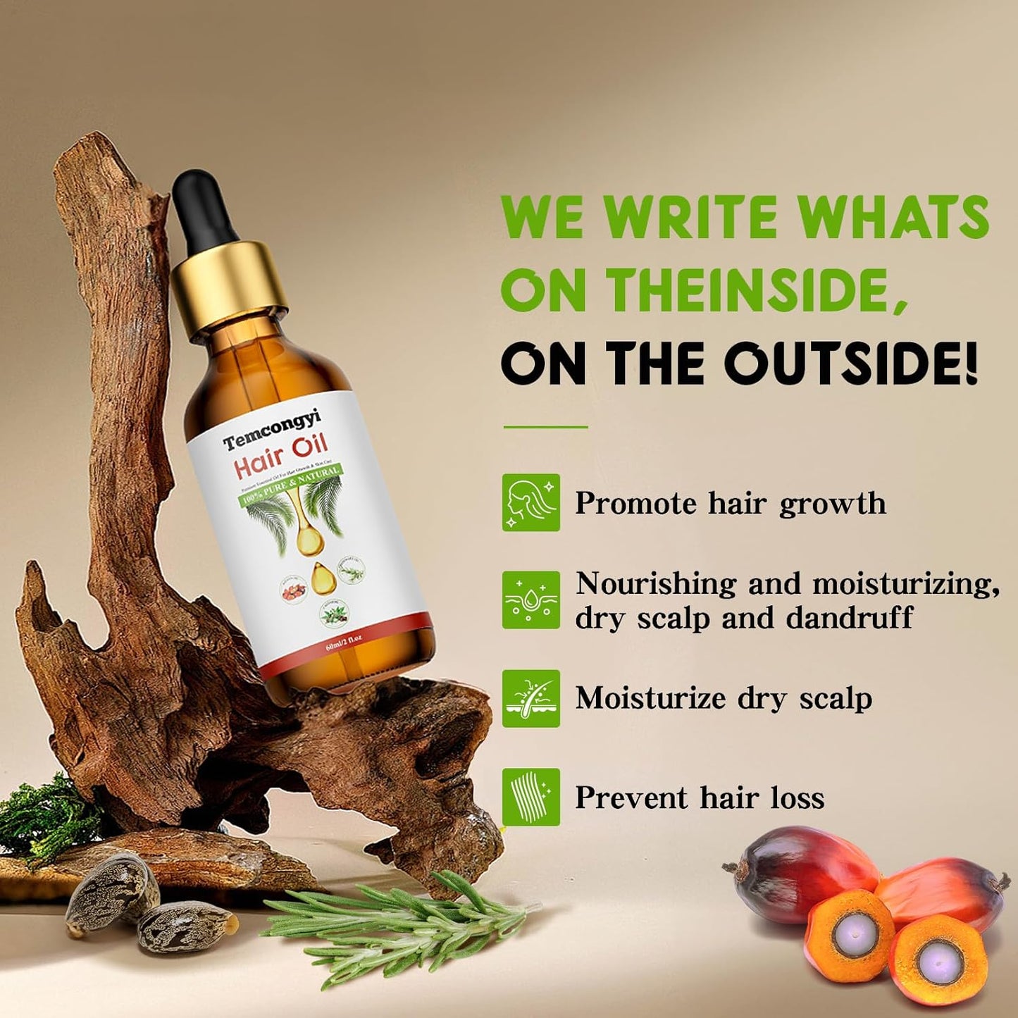 Rosemary hair oil, containing castor oil, batana oil, peppermint oil, promotes hair growth and prevents hair loss in men and women