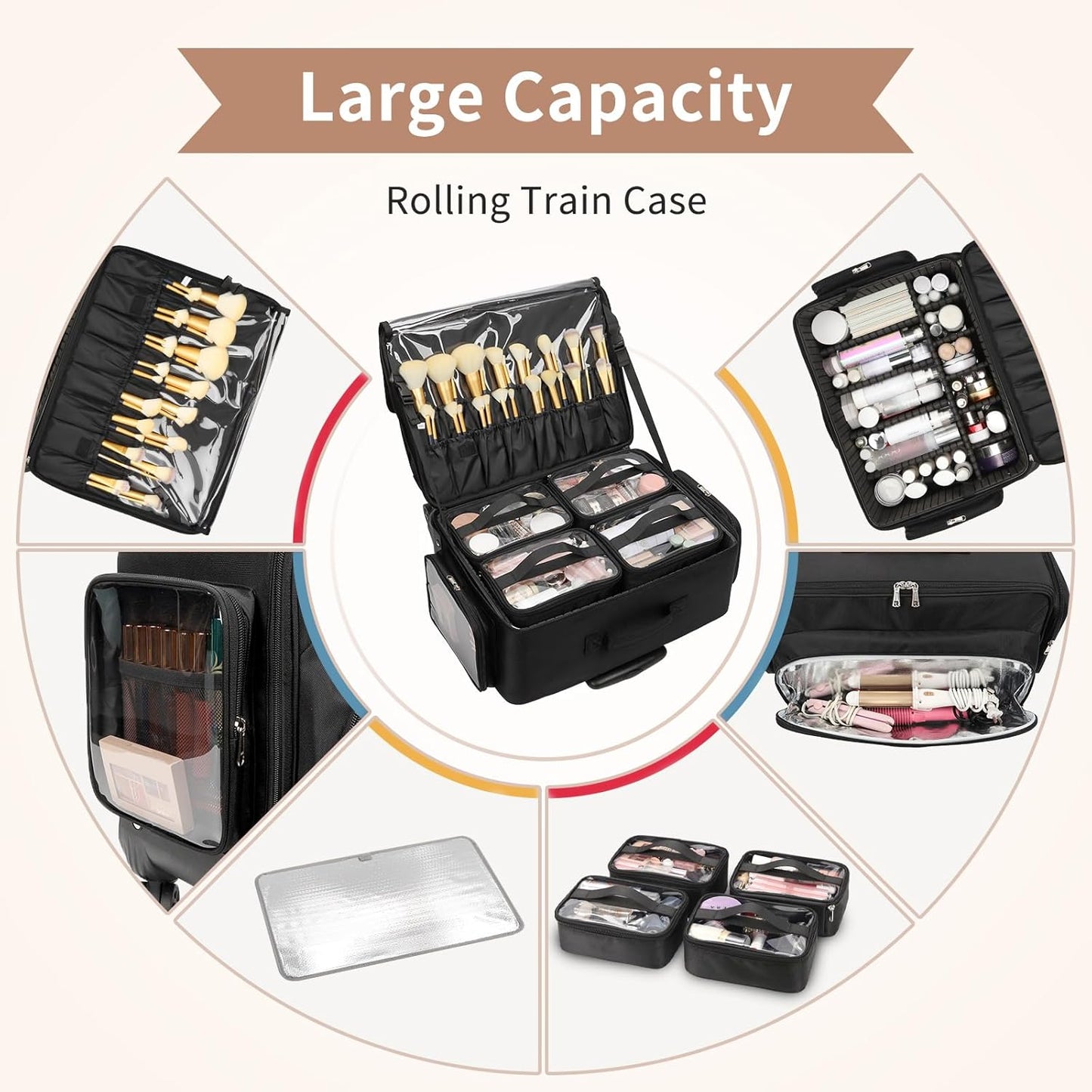 Large Rolling Makeup Case，Professional Makeup Artist Bag with 4 Small Bag Makeup Case, Adjustable Dividers, Portable Travel Supply Station for Cosmetics Storage Organizer Trolley Suitcase Makeup Cart