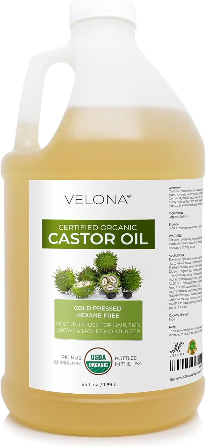 velona USDA Certified Organic Castor Oil - 64 fl oz | For Hair, Boost Eyelashes, Eyebrows | Cold pressed, Natural Oil, USP Grade | Hexane Free