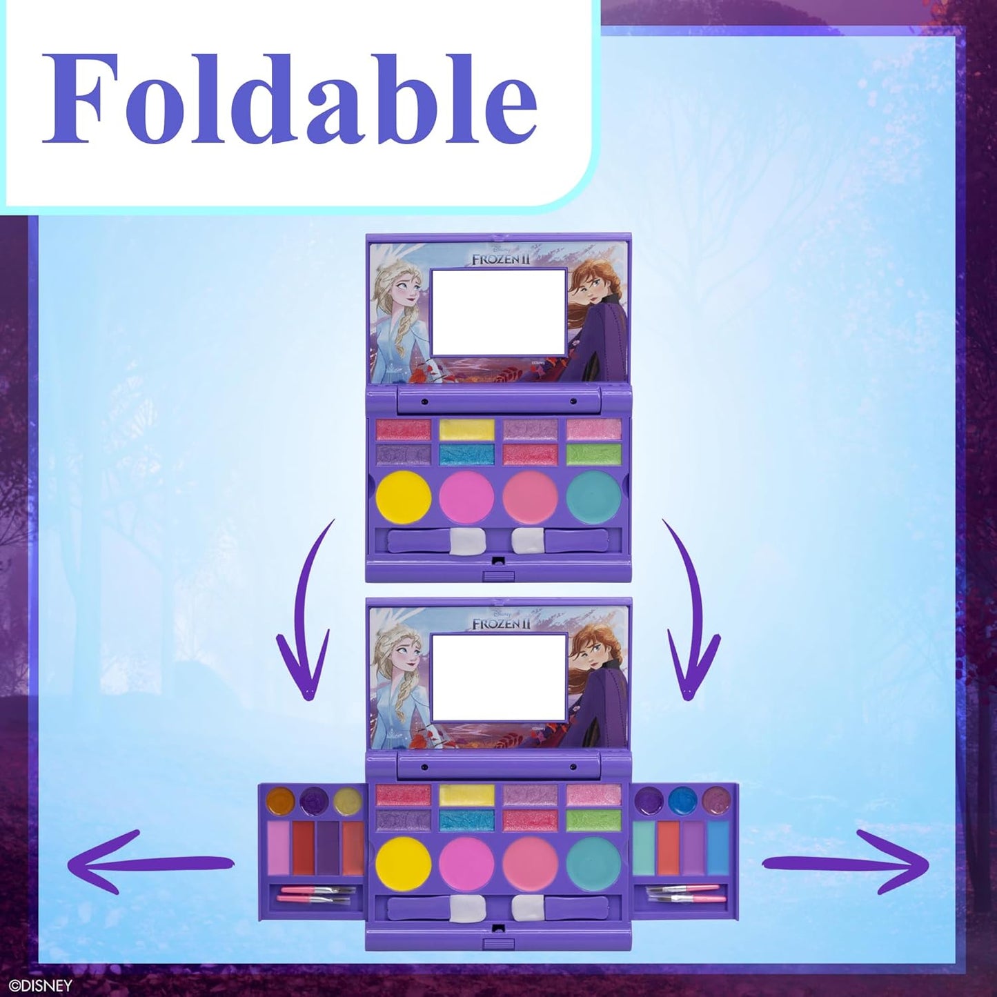 Disney Frozen Elsa Anna Cosmetic Compact Set with Mirror 22 lip glosses, 4 Body Shines, 6 Brushes Colorful Portable Foldable Washable Makeup Beauty Kit Box Set for Girls Kids Toddler