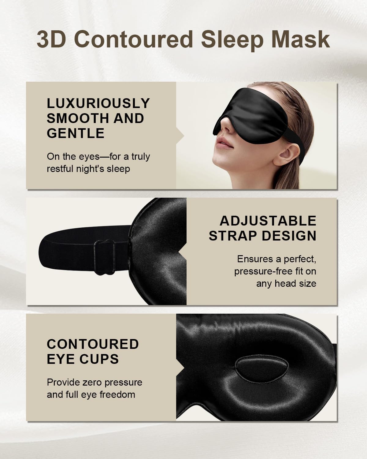 Luxury 22 Momme 100% Mulberry Silk Sleep Mask – 3D Eye Mask with Adjustable Strap, Gentle on Skin and Eyes, Provides Complete Light Blockage for Deep Sleep (Black, Adjustable)