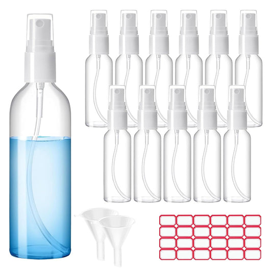 Spray Bottles, 1oz/30ml Clear Empty Fine Mist Plastic Mini Travel Bottle Set, Small Refillable Liquid Containers with 2pcs Funnels and 24pcs Labels (12 Pack)