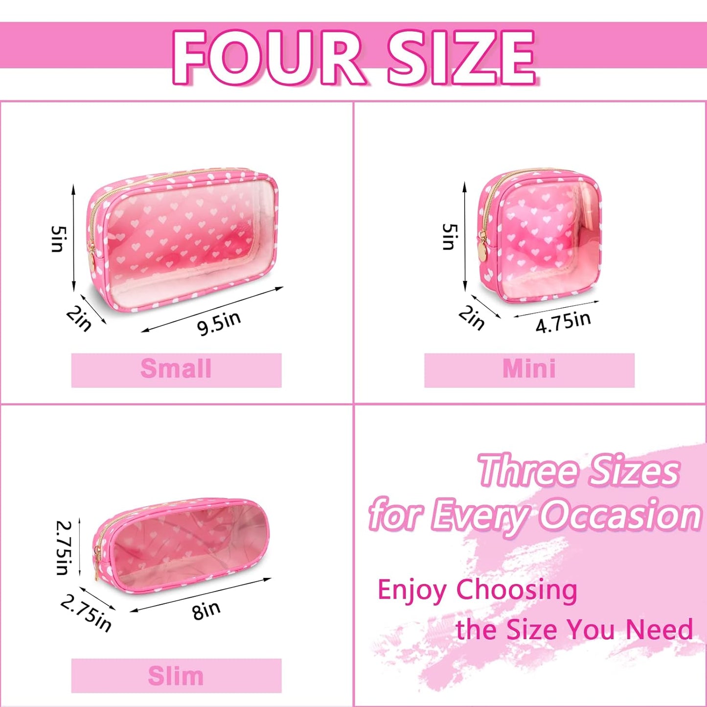 Clear Small Makeup Bag with Zipper, Nylon&PVC Cosmetic Travel Bag Preppy TSA Approved Toiletry Bag for Women Girls, Transparent Waterproof Makeup Pouches Cute Travel Bag for Purse(Small-Pink Heart)