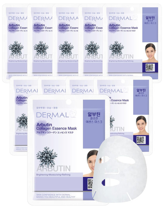 DERMAL Arbutin Collagen Essence Facial Mask Sheet 23g Pack of 10 - Anti Aging for Troubled Skin, Daily Skin Treatment Solution Sheet Mask
