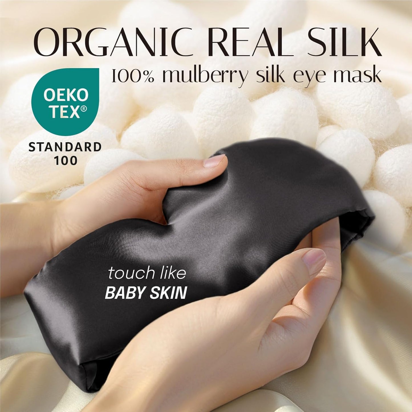 Silk Sleep Mask Soft Pressureless: 100% Mulberry Silk for Eye Skin Anti Wrinkles, Large Size for Total Blackout, Adjustable Wide Velcro Ear Cover