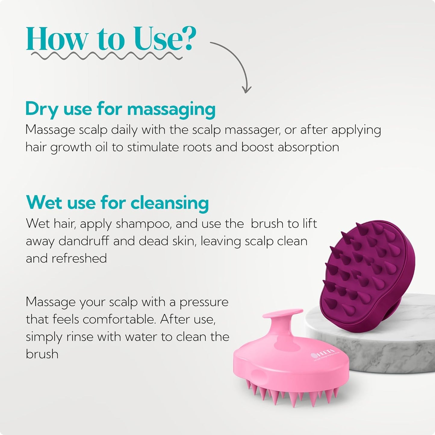 HEETA Hair Scalp Massager Shampoo Brush 2 Pack, Soft Silicone Bristles to Remove Dandruff, Waterproof Hair Scrubber for Both Wet Dry Use, Suitable for Men & Women (Pink & Purple)