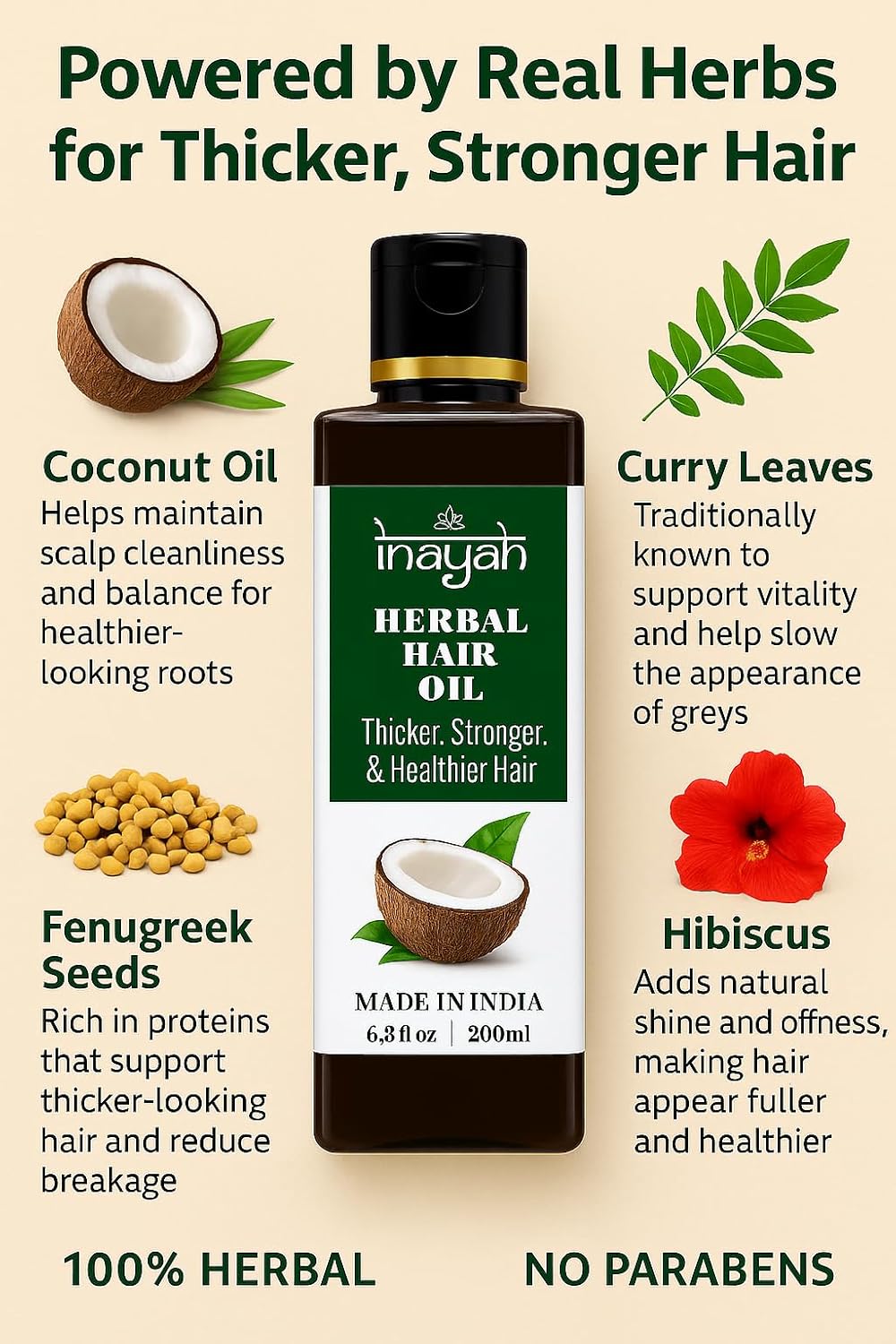 Inayah Ayurvedic Hair Oil for Hair Growth - 200ml | With Coconut Oil, Bhringraj, Amla, Hibiscus & 30+ Natural Herbs | Anti Hair Fall | Hair Regrowth Oil | No Fillers & Paraben Free