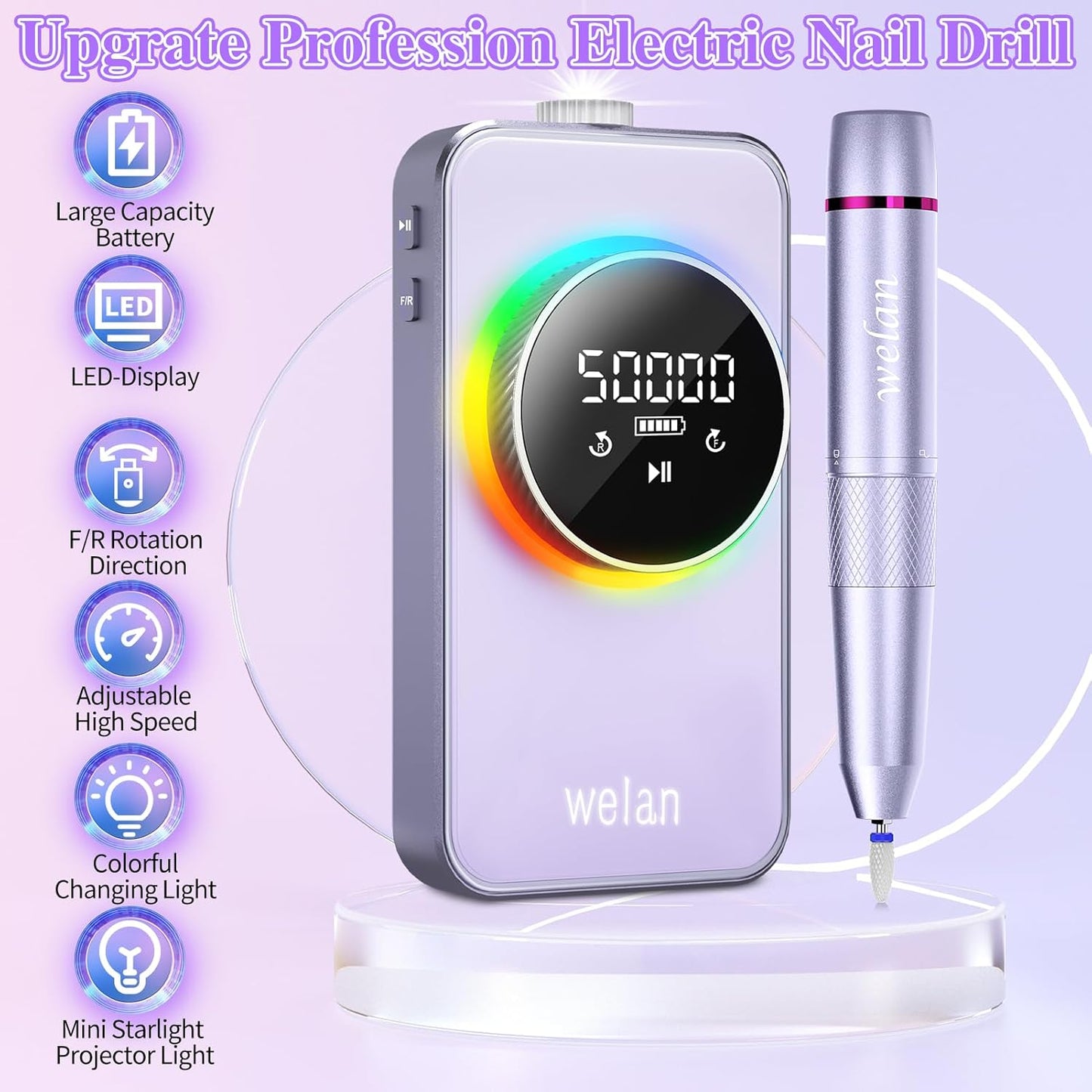 Electric Nail Drill Professional, 50000RPM Electric Nail File Portable Nail Drill Kit 6000mAh Rechargeable Machine for Acrylic Gel Nail, Manicure Pedicure Polishing Nail for Salon Home Purple