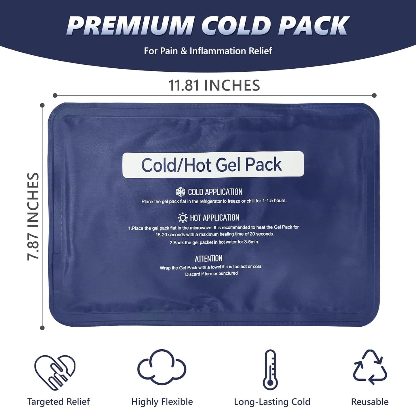 Reusable Gel Soft Ice Packs for Injuries, Flexible Hot and Cold Packs for Knees, Back, Face, Joint & Muscle Pain Relief (Medium 7.87"x 11.81")