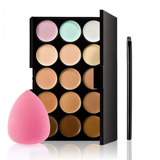 Concealer Palette, 15 Colors Makeup Palette Facial Camouflage Contour Palette with Sponge Puff Oval & Makeup Brush Beauty Make up Cream
