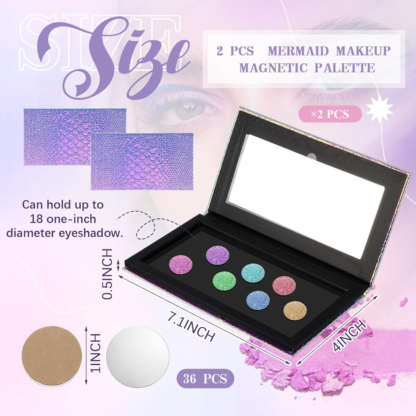 2 Pieces Magnetic Palette Mermaid Empty Palette with Mirror and 36 Pcs Adhesive Metal Empty Palette Stickers Large Mermaid Makeup Empty Palette for Eyeshadow Lipstick Blush Powder