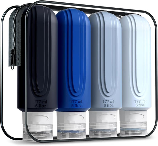 Travel Bottles for Toiletries, Large 6oz Oversize Containers, BPA Free Leak Proof Tubs Refillable Liquid Traveler Accessories with Toiletry Bag for Cometic Shampoo and Lotion Soap (4 Pack)