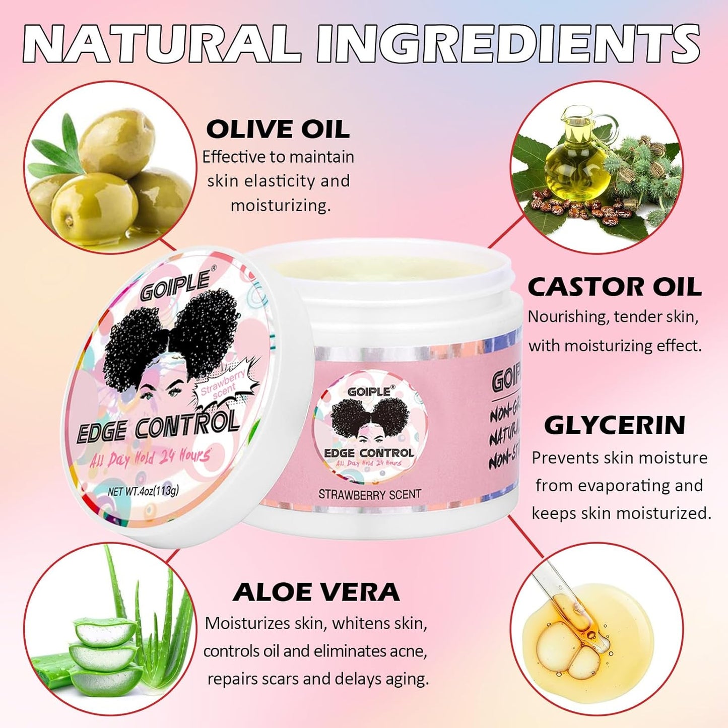 Goiple Edge Control Wax for Women Strong Hold Non-greasy Edge Smoother Strawberry Scent Edge Control Wax + Edge Scarf + Hair Bonnet, Pink