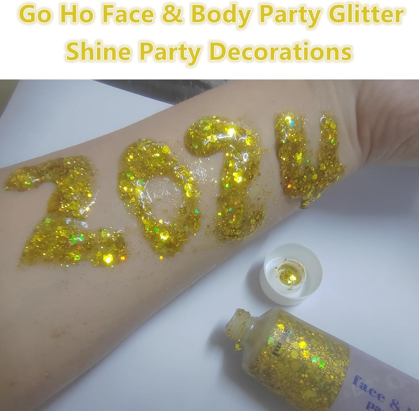 Go Ho Gold Face Body Glitter,Mardi Gras Glitter Makeup Gold Face Paint,Holographic Chunky Sequins Glitters for Eye Lip Hair Nails,Festival Rave Accessories,52g