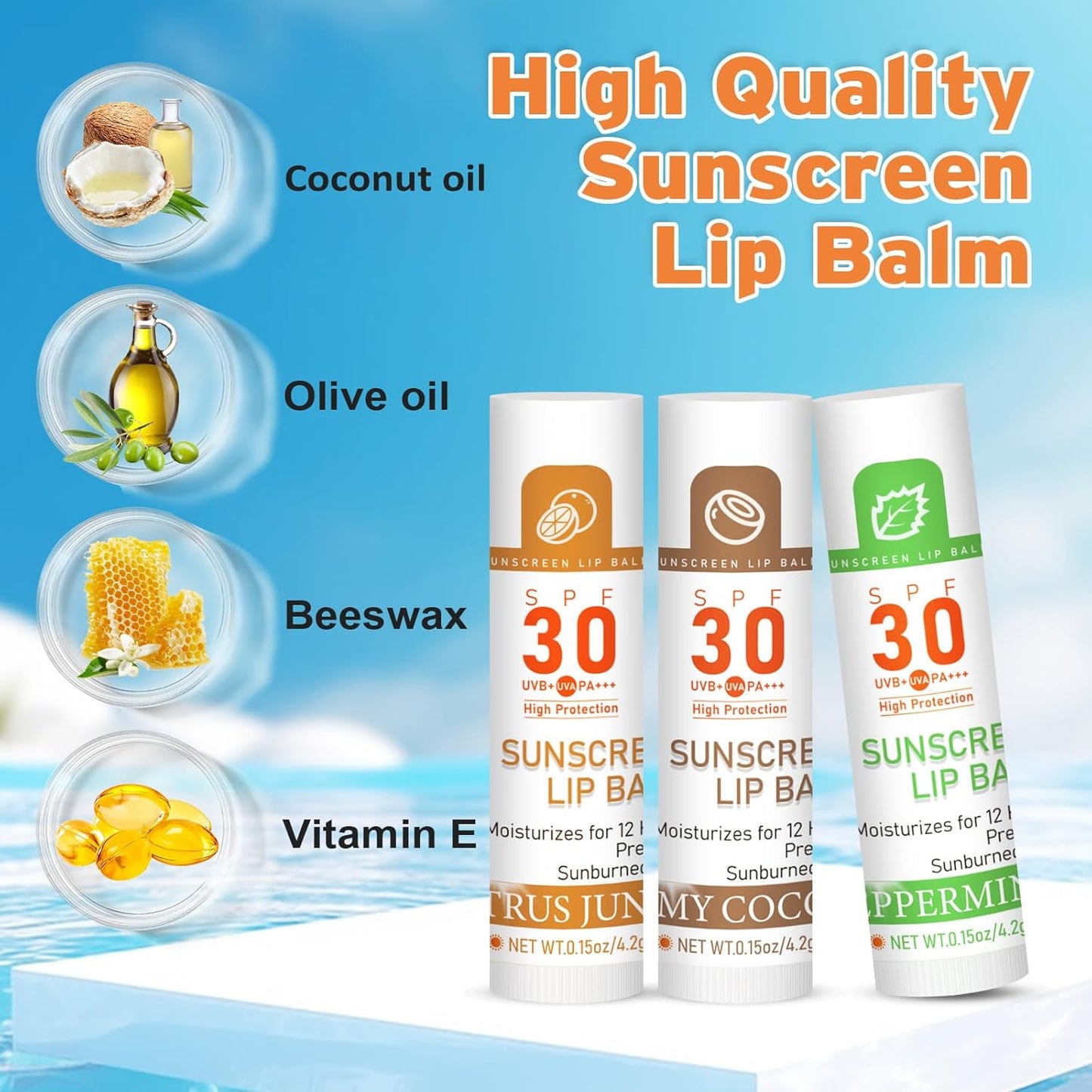 SPF 30 Sunscreen Lip Balm, Bulk Travel Size-64 Pack, Hydrating with Vitamin E & Coconut Oil- 8 Flavors