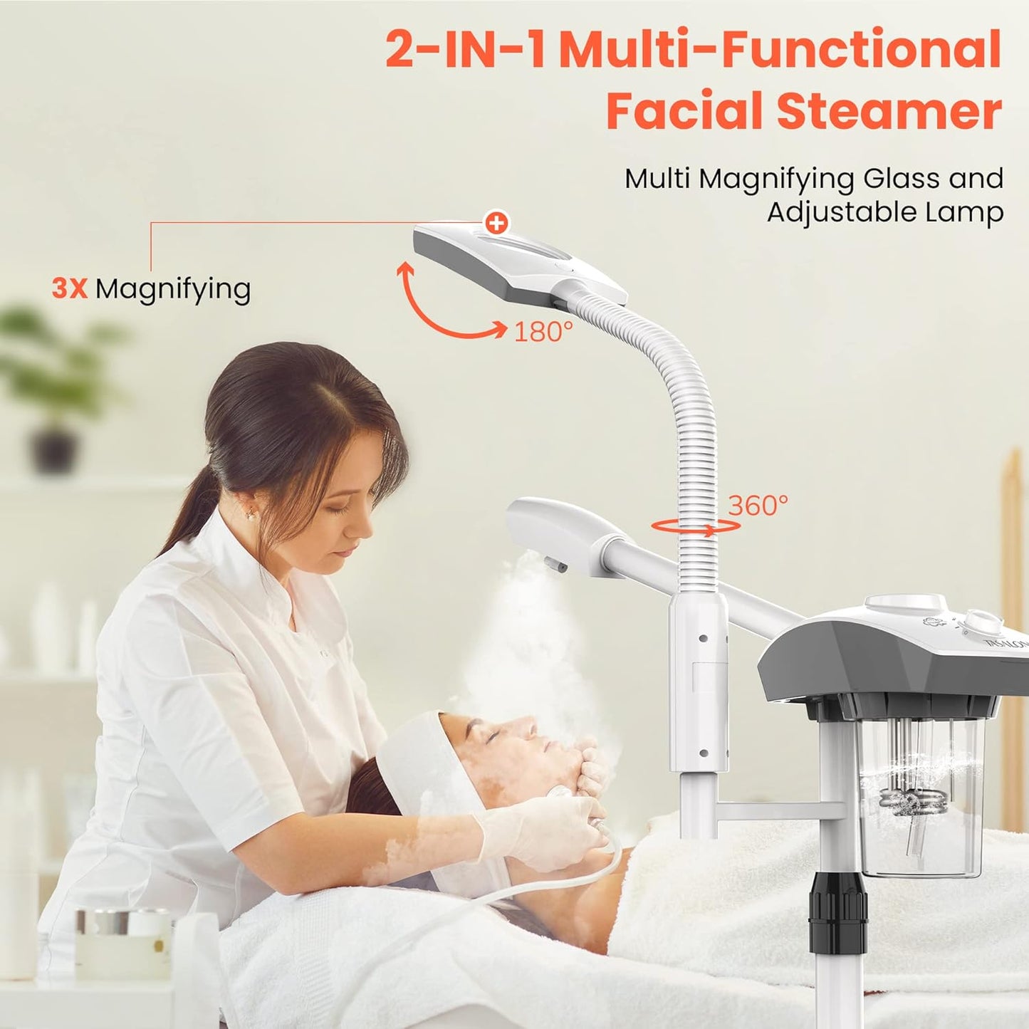 TASALON Professional Facial Steamer Tools for Esthetician, Skin Care and Deep Cleaning, 2 in 1 Face Machine with 3X Magnifying Foldable Arm, Ozone Face Steamer for Facial, Hot Mist Skincare, White
