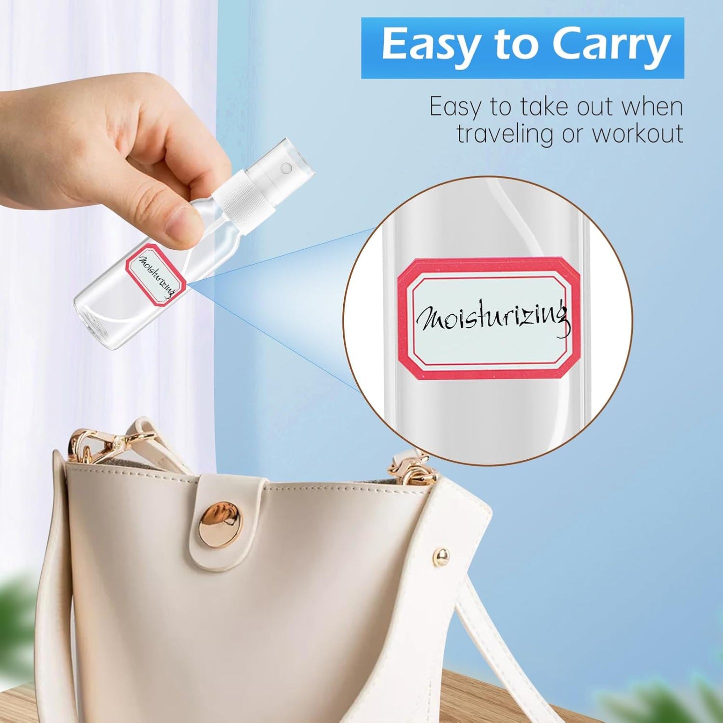 Spray Bottles, 2oz/50ml Clear Empty Fine Mist Plastic Mini Travel Bottle Set, Small Refillable Liquid Containers with 2pcs Funnels and 24pcs Labels (12 Pack)