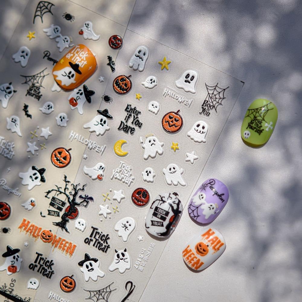 1 Sheet Halloween Nail Stickers 3D Self-Adhesive Cute Ghost Haunted House Nail Art Stickers Pumpkin Spider Web Nail Decals Moon Star Nail Designs Holiday Nail Art Decoration for Women Girls Manicure