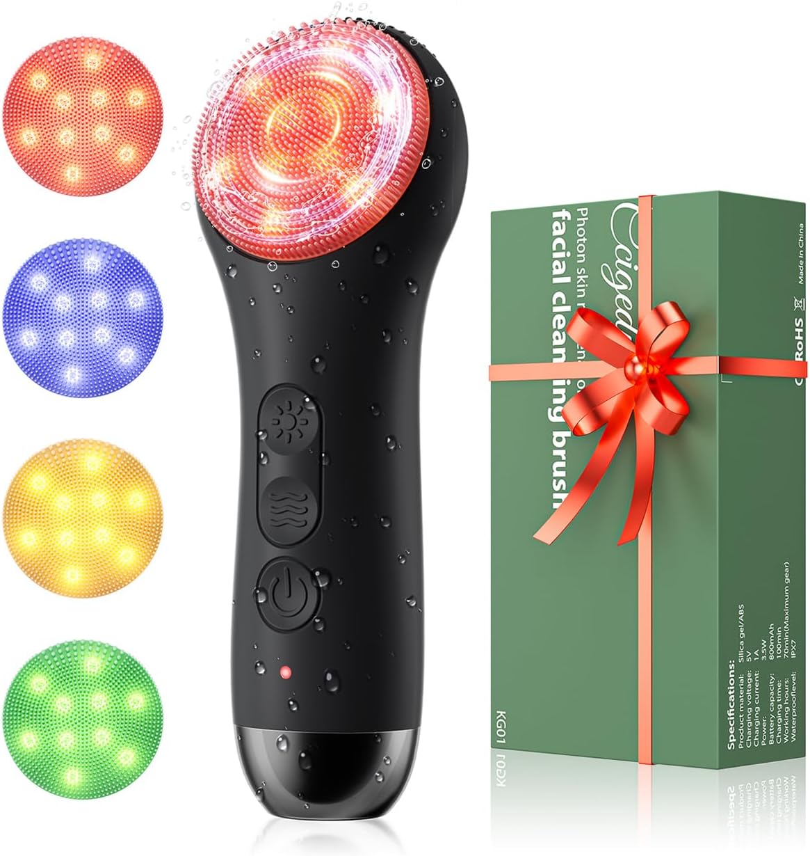 Facial Cleansing Brush: Rechargeable LED Electric Face Cleansing Brush with 4 Gentle Light Liquid Silicone Modes Face Scrubber Exfoliator,IPX7 Waterproof Ideal Gift for Men and Women-Black