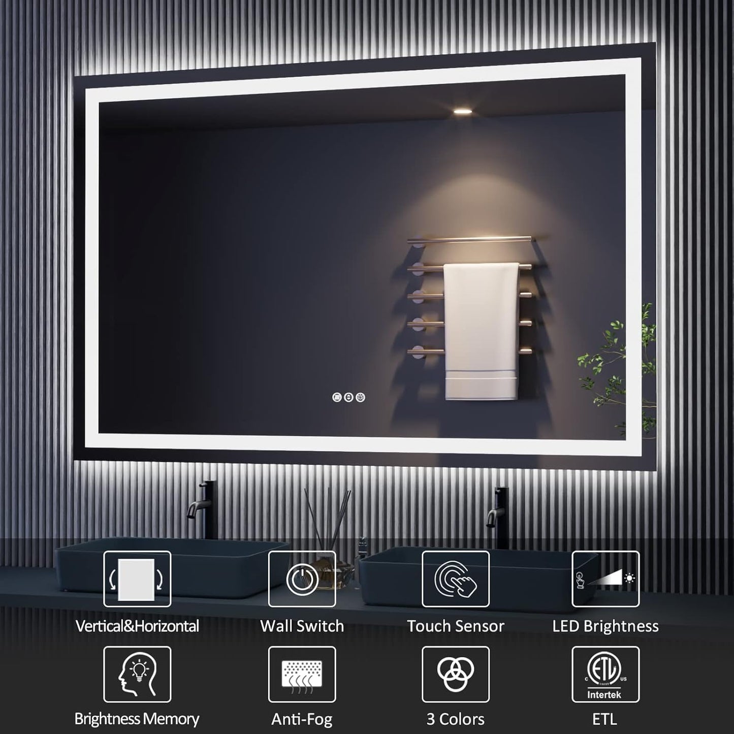 Amorho LED Bathroom Mirror 60'' X40'' with Front and Backlight, Large Dimmable Wall Mirrors with Anti-Fog, Shatter-Proof, Memory, 3 Colors, Double LED Vanity Mirror