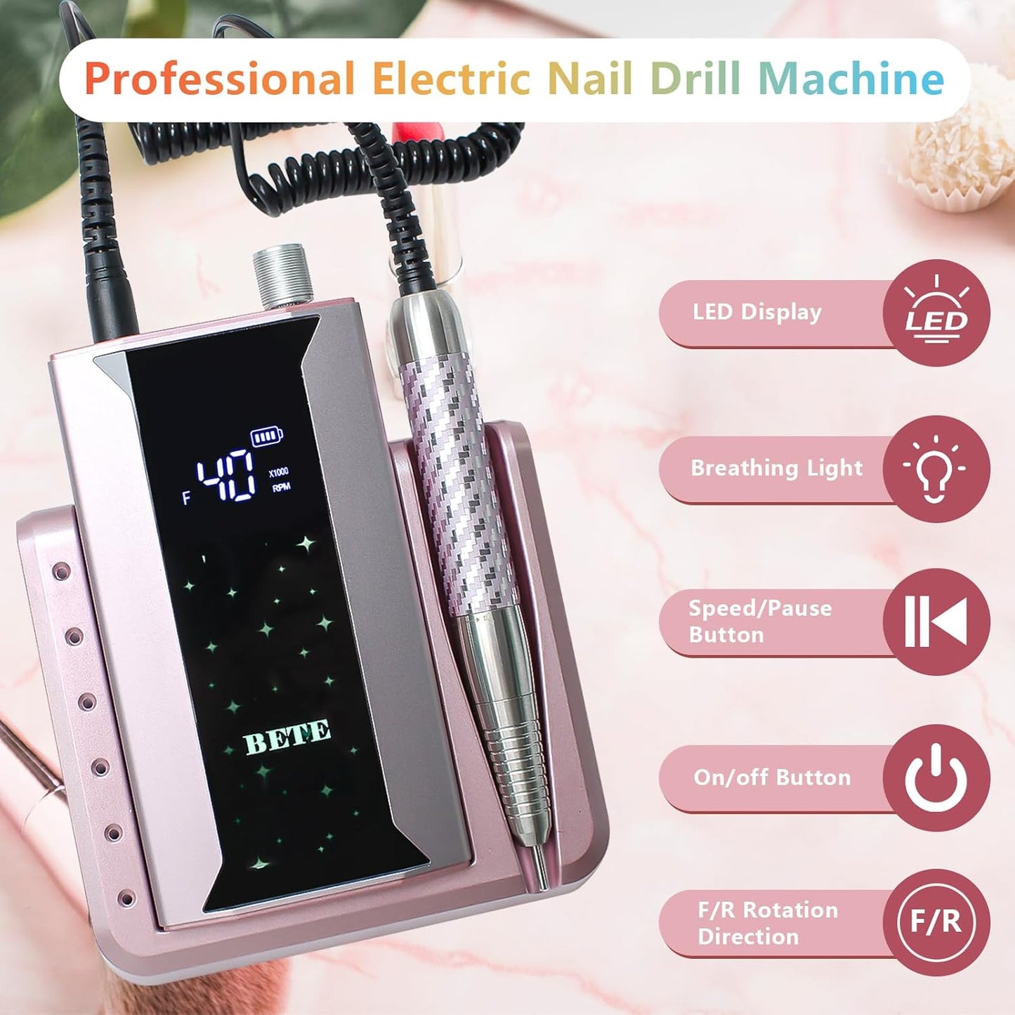 BETE Professional Nail Drill Machine, 0-40000RPM Brushless Durable Electric Nail File for Acrylic Gel Nails, Rechargeable Nail Drill with Charging Base with 6pcs Drill Bits for Salon Home, Pink