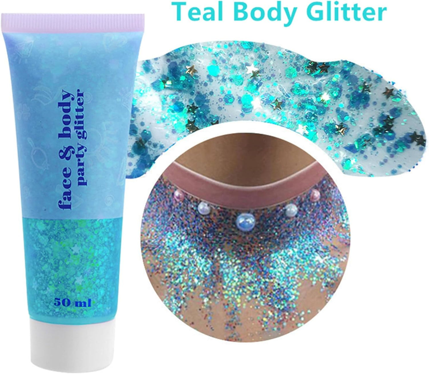 Go Ho Teal Body Glitter Gel,Mermaid Teal Face Glitter Makeup,Holographic Long Lasting Chunky Sequins Glitters for Lip Hair Nails,Festival Accessories,52g
