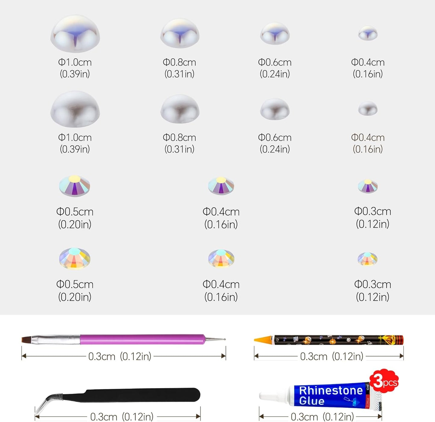 60g White Flat Back Pearls Rhinestones for Crafts Mixed Size 3mm-10mm AB Color Round Half Pearls Flatback Pearl Beads and Resin Rhinestones Set for Face Art with Glue