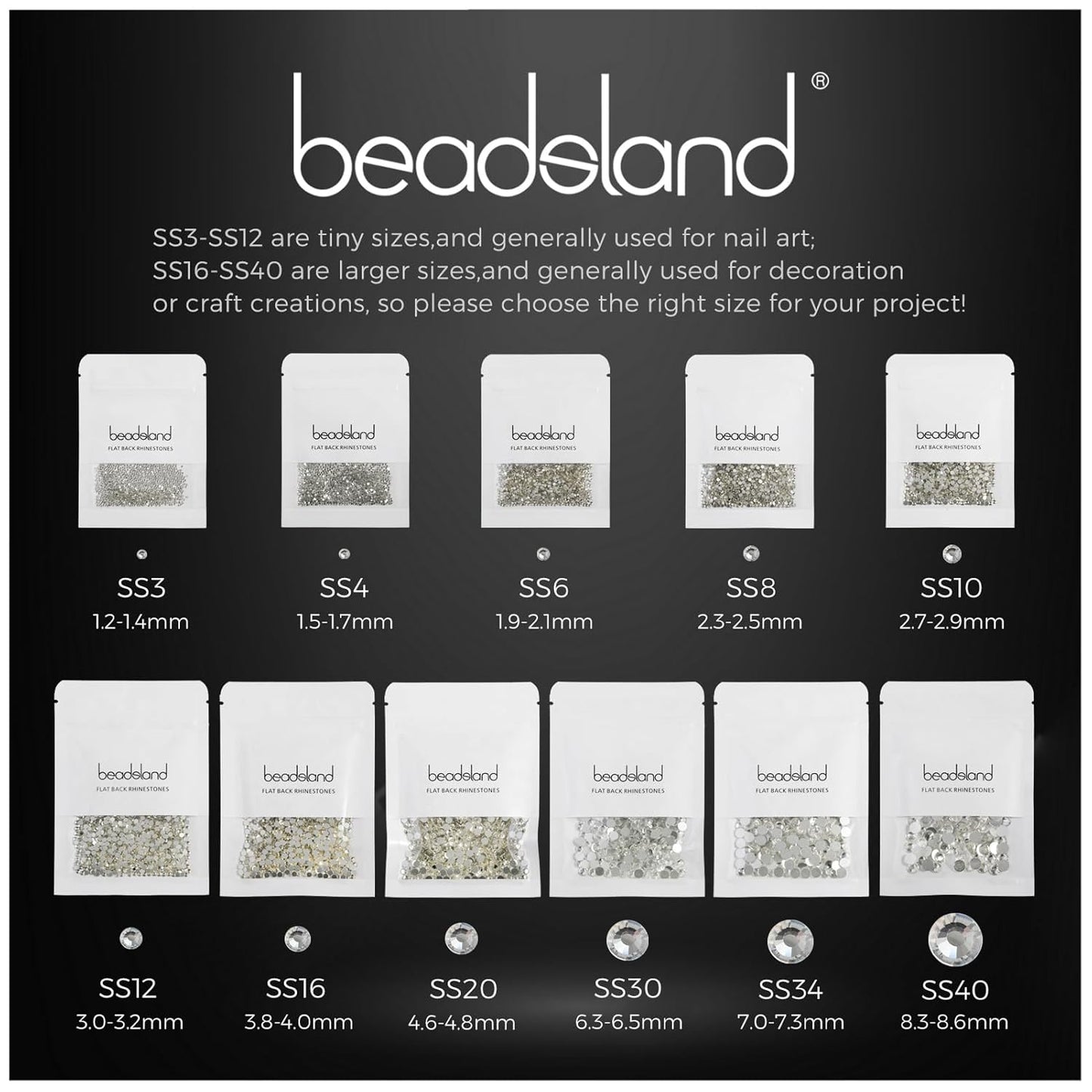 Beadsland 1440pcs Flat Back Crystal Rhinestones Round Gems for Nail Art and Craft Glue Fix,Black Diamond,SS3,1.2-1.4mm