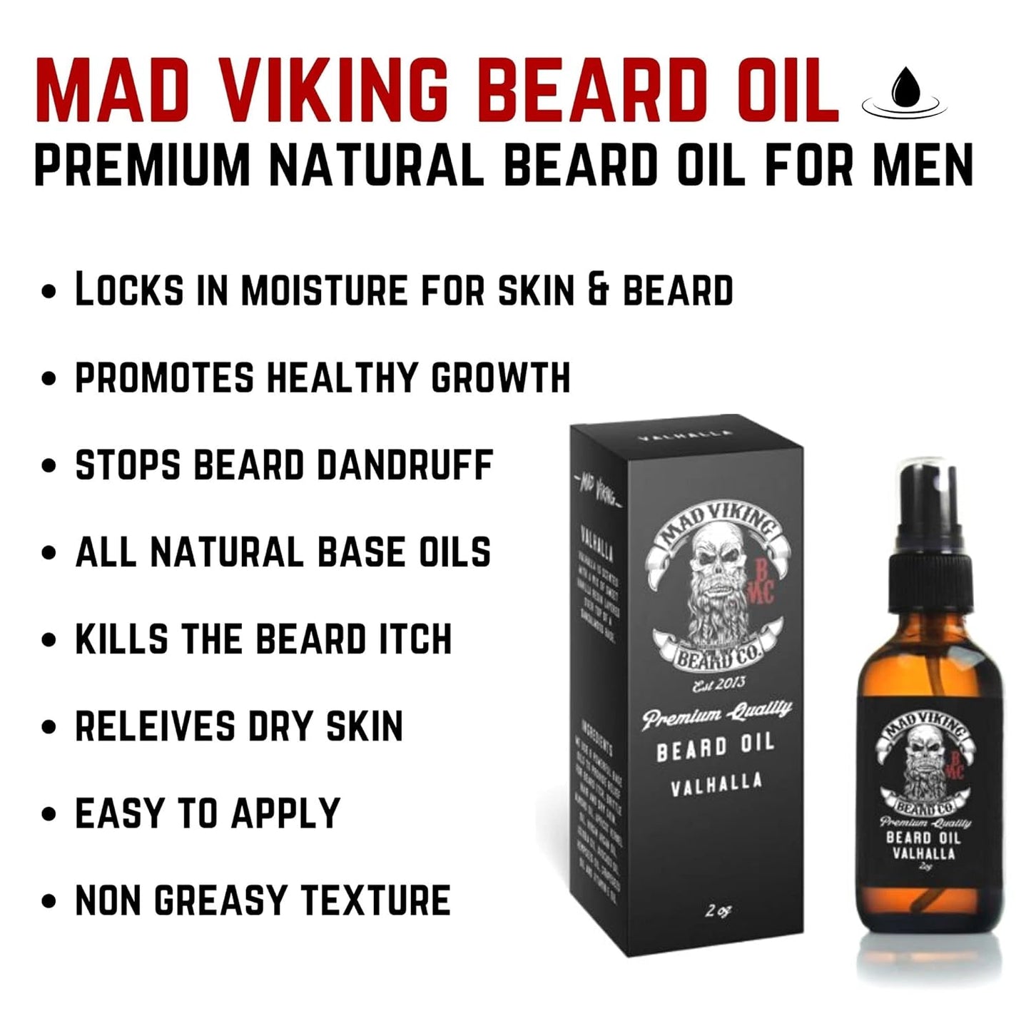 Mad Viking Fjord Beard Oil - Hydrate, Soften And Grow Your Beard Naturally. Fight Itch And Dandruff With A Crisp Yet Woodsy Mint, Orange, Cedarwood & Sandalwood Scent. Made In The USA - 2oz