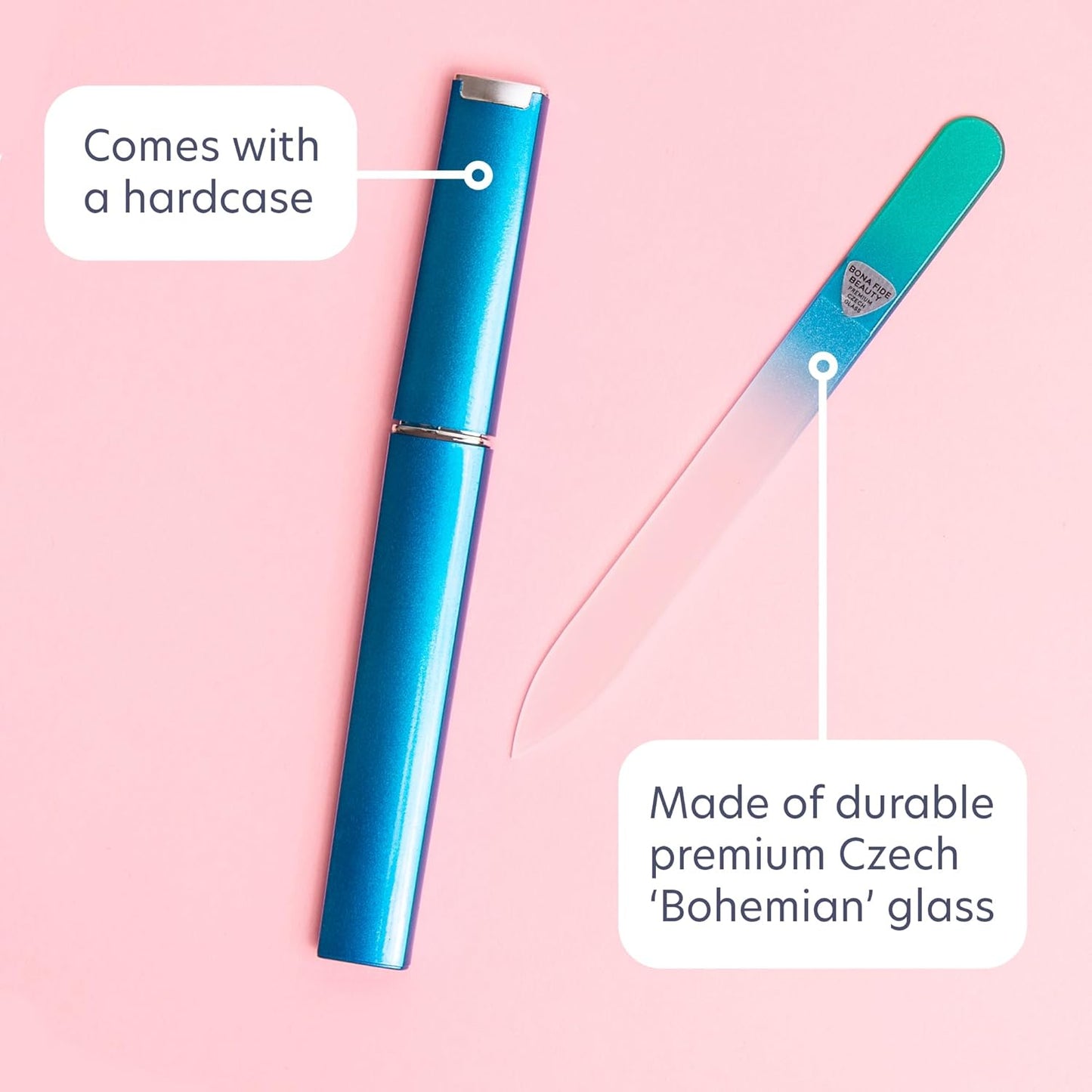 Bona Fide Beauty Glass Nail File with Case (Aqua) - 1 Piece Luxurious Gifts for Women, Crystal Etched Nail File for Natural Nails