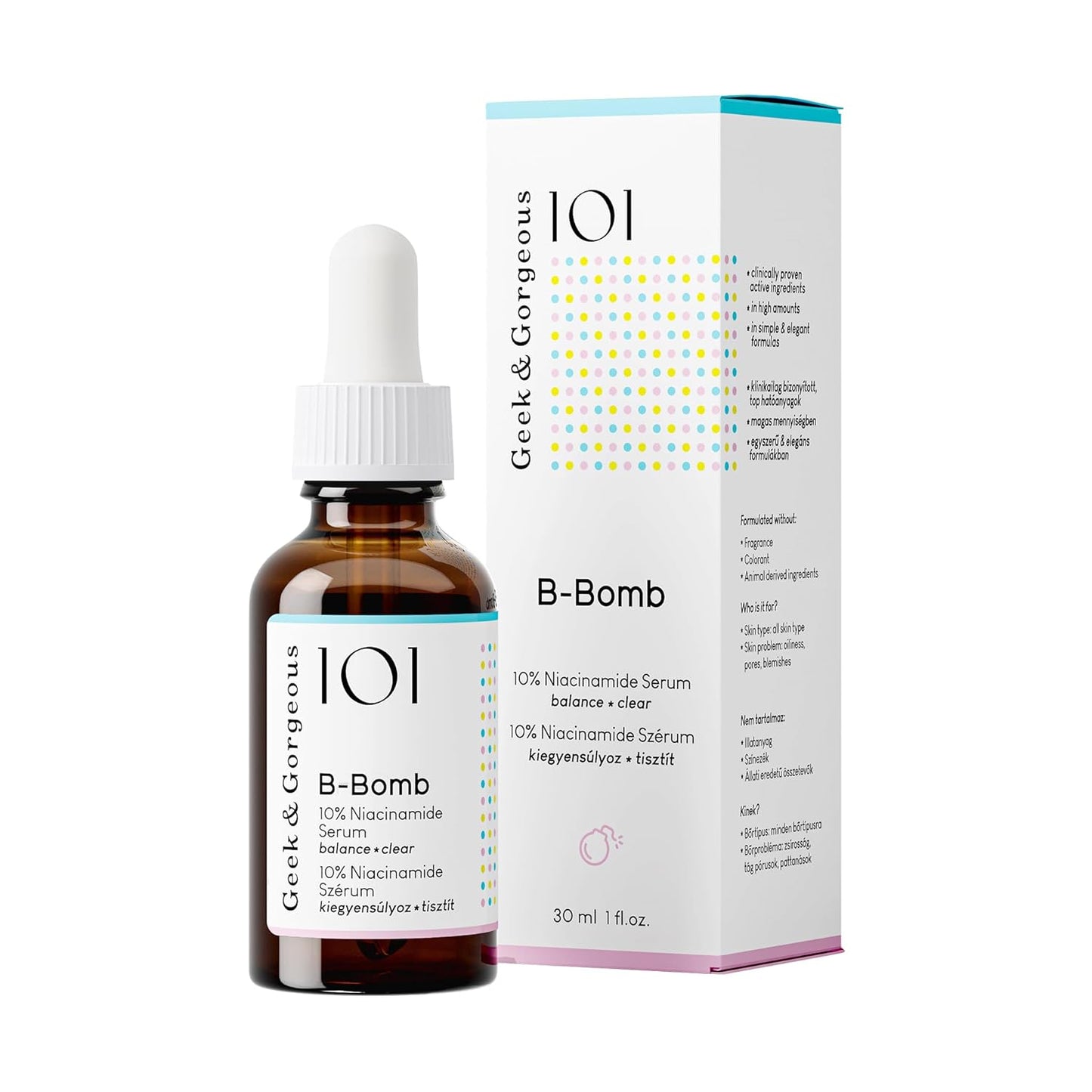Geek & Gorgeous - B-Bomb - 10% Niacinamide Serum, Zinc PCA & Sarcosine, helps enlarged pores, oiliness and blemishes, combination skin, 1 oz