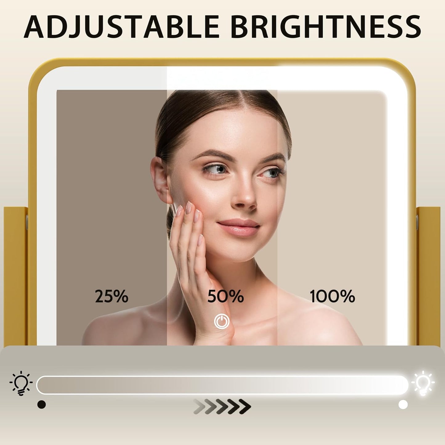 Gold Lighted Makeup Mirror, 14"x12" Vanity Mirror with Smart Touch Control, 3-Color Dimmable Lighting, 360° Rotation for Desk or Bedroom