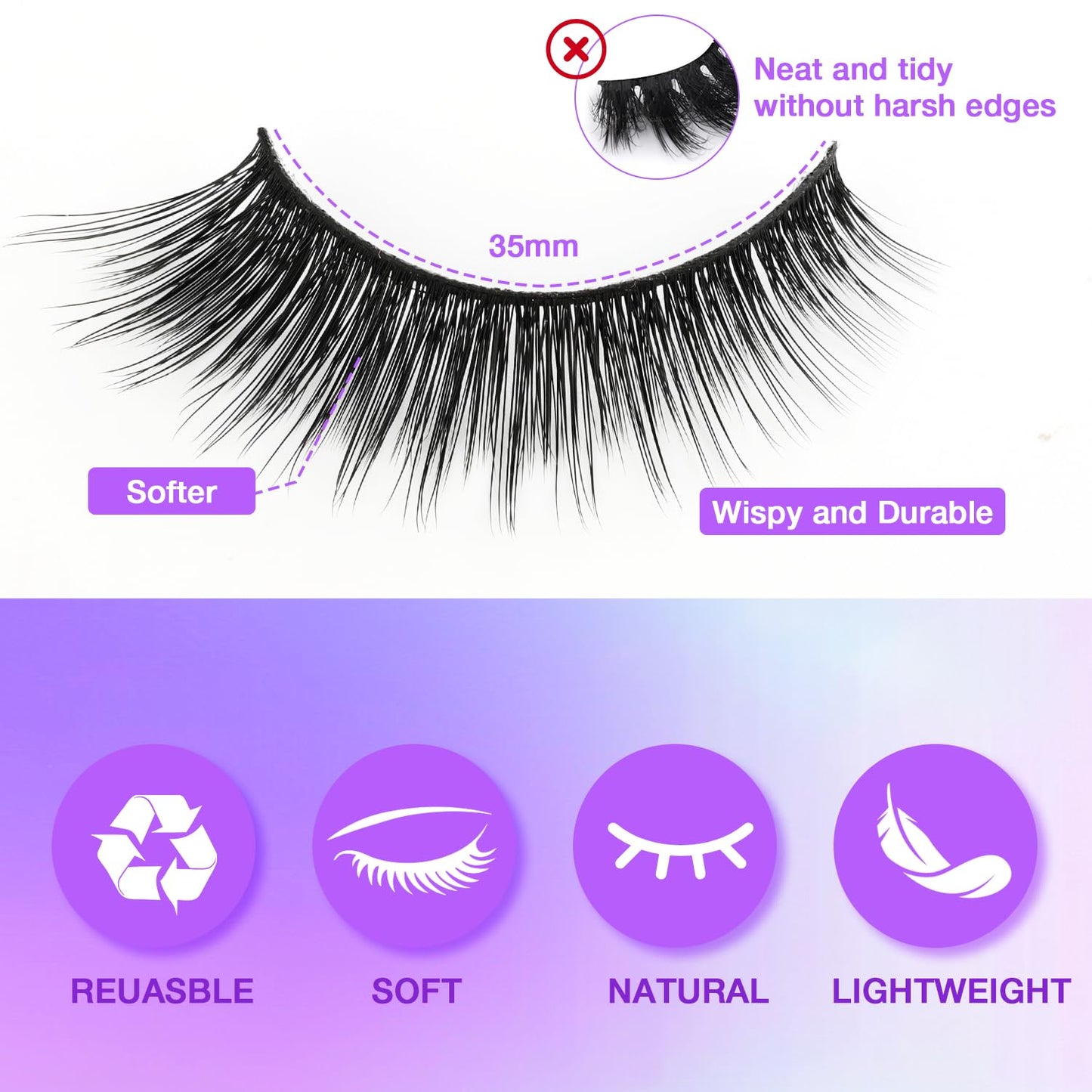 Wispy False Eyelashes Kit With Bond, Seal and Tweezer, 7 Pairs Natural Look Fake Cat Eye Lashes Strips Thin Band Extensions Waterproof Easy Eyelashes for Beginners RQ10