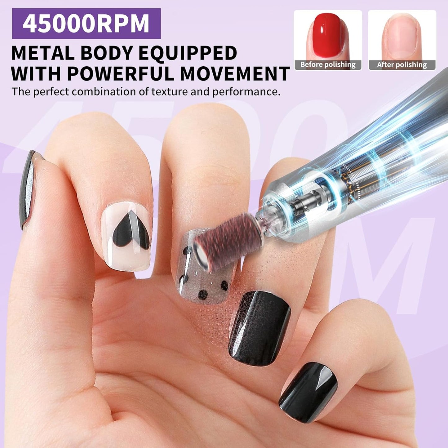 Electric Nail Drill Professional Kit - 45000RPM Electric Nail File Efile Portable Nail Drill Cordless with Bits & Base,E File Machine Nail Grinder for Women (Purple)