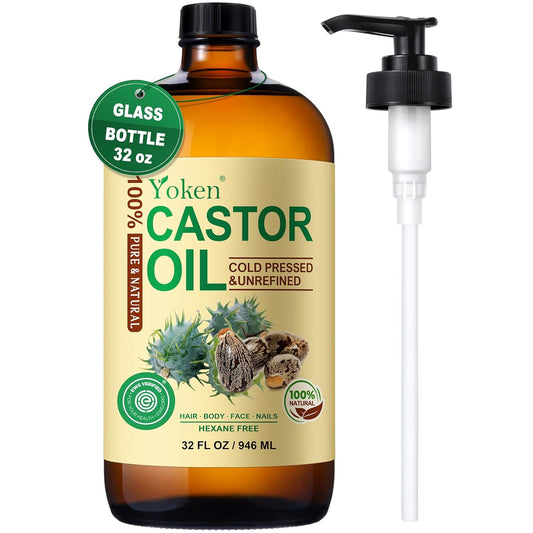 Yoken EWG Verified Castor Oil Glass Bottle 32 fl oz (with Pump) 100% Pure Castor Oil for Skin Face Hair, Cold Press, Hexane Free, Unrefined Caster oil for Pack Wrap Deep Nourish Body