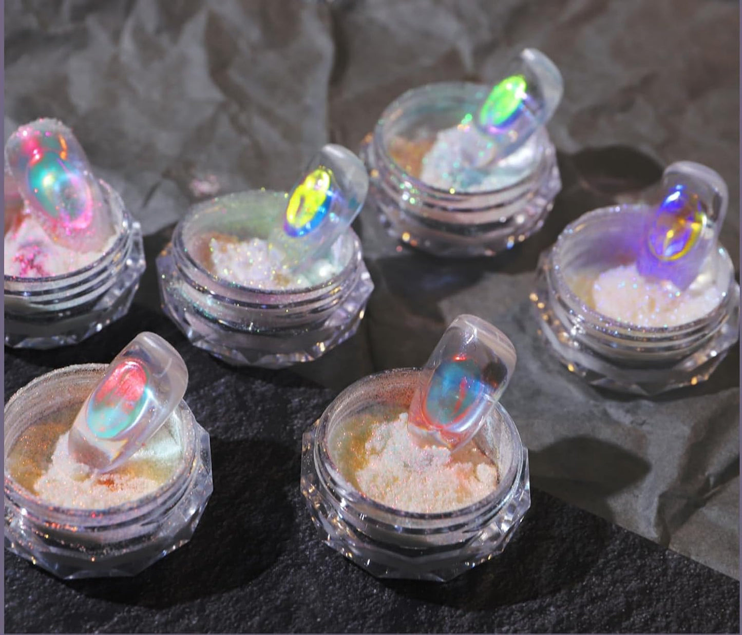 Ice Transparent Aurora Nail Powder Neon Rainbow Holographic Chameleon Powder Multi Chrome Iridescent Pigment Pearlescent Nail Art Glitters (6 Boxes Transparent)