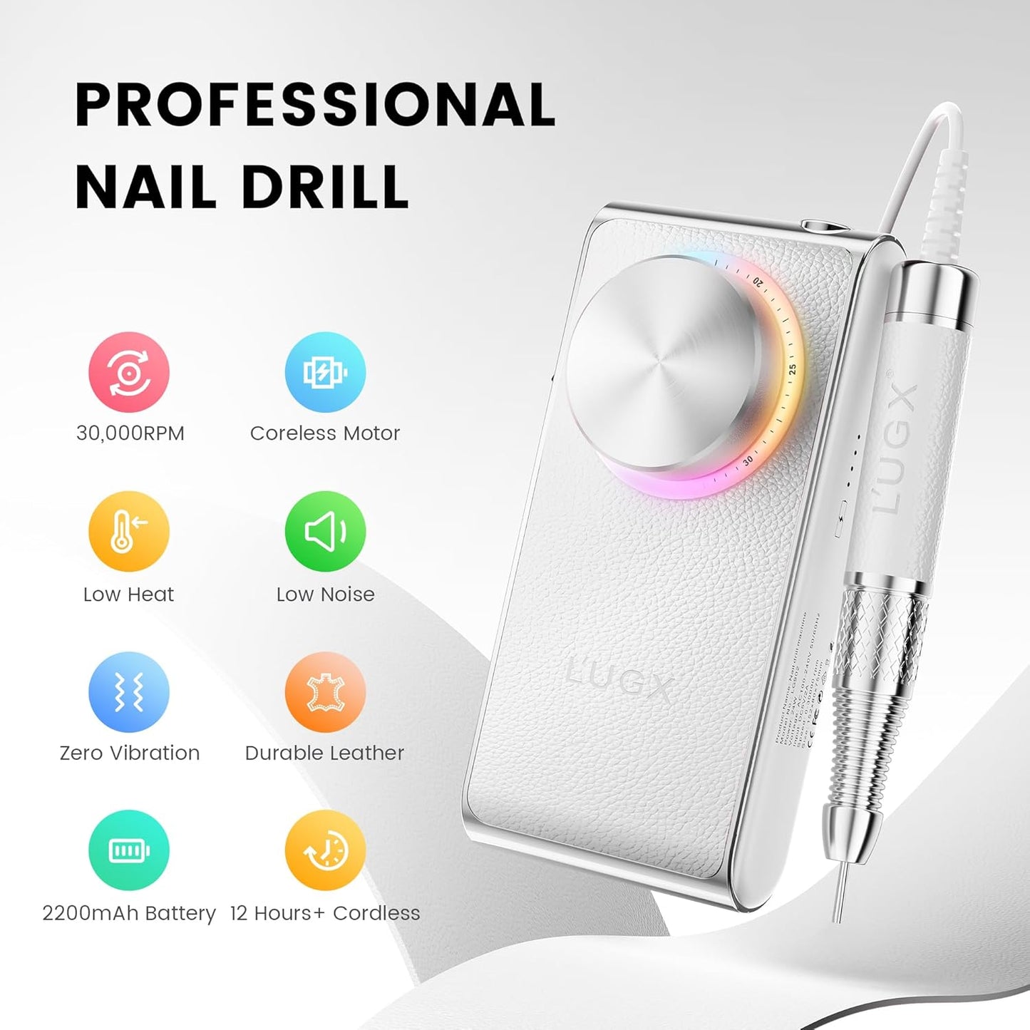 L'UGX Professional Nail Drill 30000RPM, Cordless Rechargeable Electric Nail File for Acrylic Nails Gel Polishing, Efile Nail Kit for Manicure Pedicure, Low Noise Low Vibration, 7Pcs Drill Bits, White