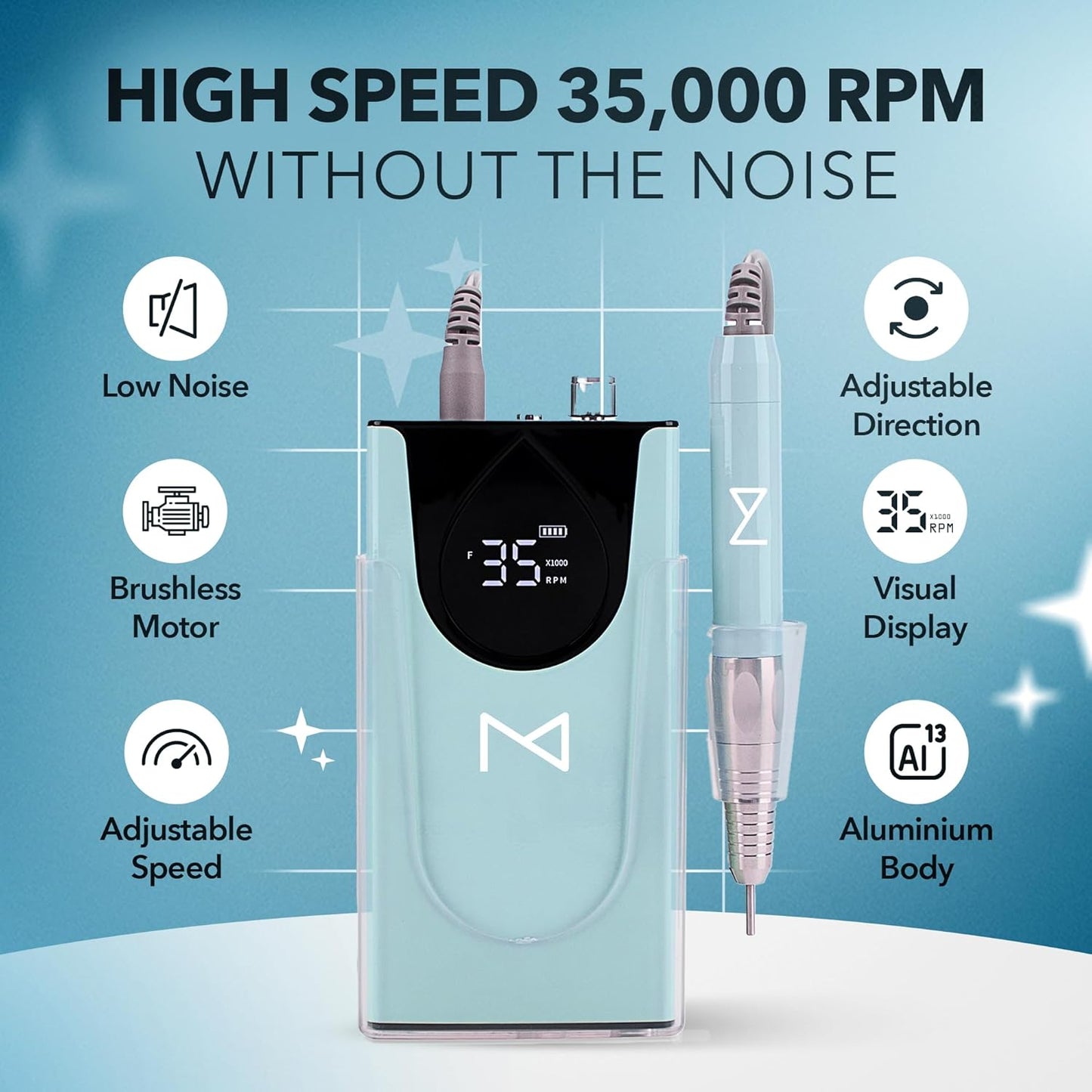 M Max - Professional Nail Drill Machine - 2-in-1 Brushless Motor Nail File - Electric, Cordless, Aluminium Alloy Casing, 35000 RPM, HD Display - Perfect for Salon & Home Use (Mermaid)