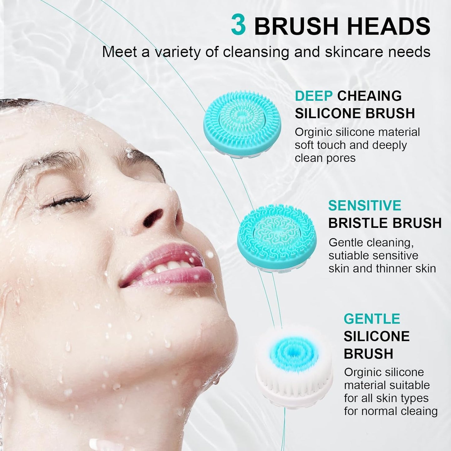 Facial Cleansing Brush, 3 in 1 Electric Face Scrubber with 3 Brush Heads for Women/Men, Waterproof Rechargeable Face Cleansing Brush for Dry Oily Sensitive Skin (Blue)